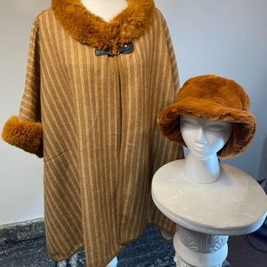 NWT Brown Striped w White Faux Fur Collar Cape, Wrap, Shawl with matching hat.